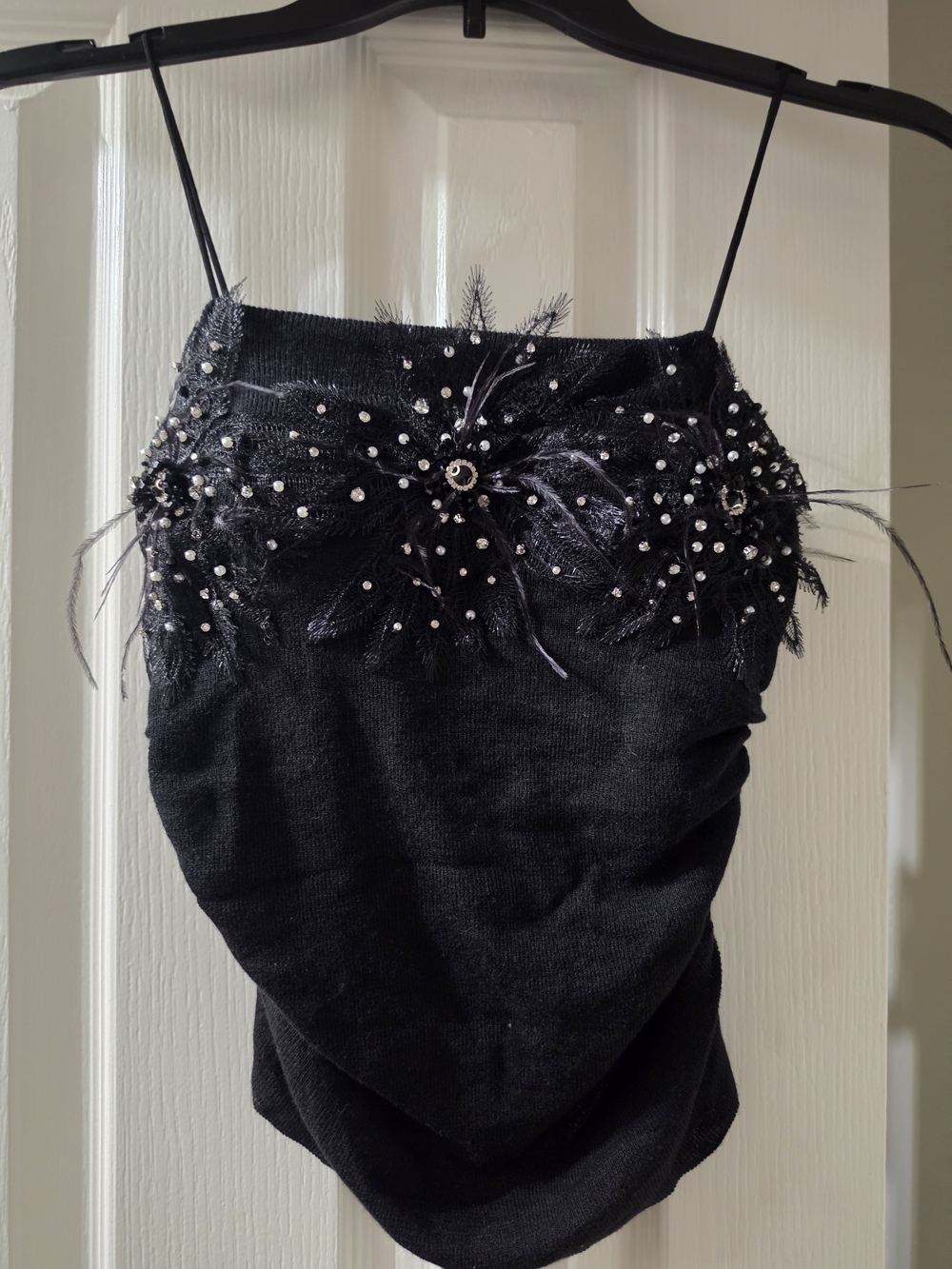 Black Embellished Feather-Detail Camisole Top